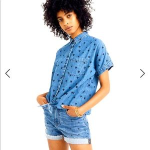 Madewell Denim Short Sleeve Tie-Front Heart Print Blouse, SZ M, SOLD OUT